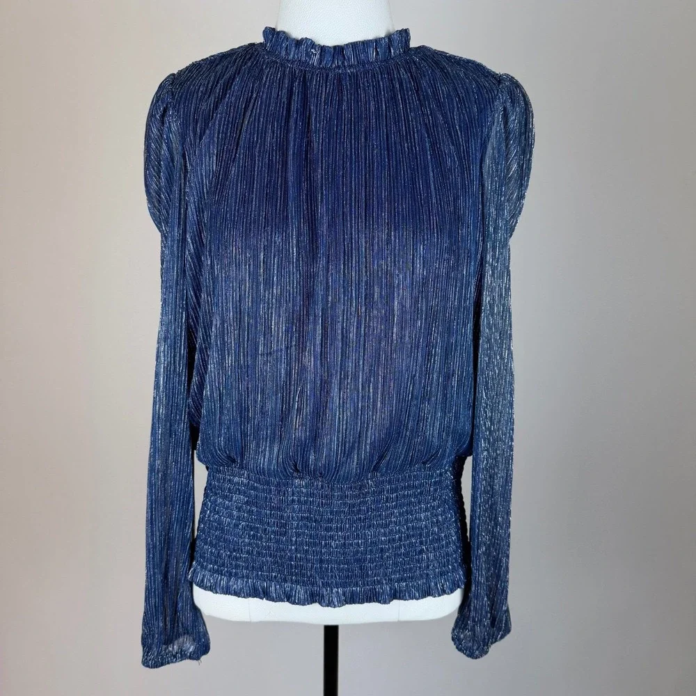 Joie Navy Blue Metallic Pleated Smocked High Neck Blouse Womens Large Party Glam - Picture 1 of 11